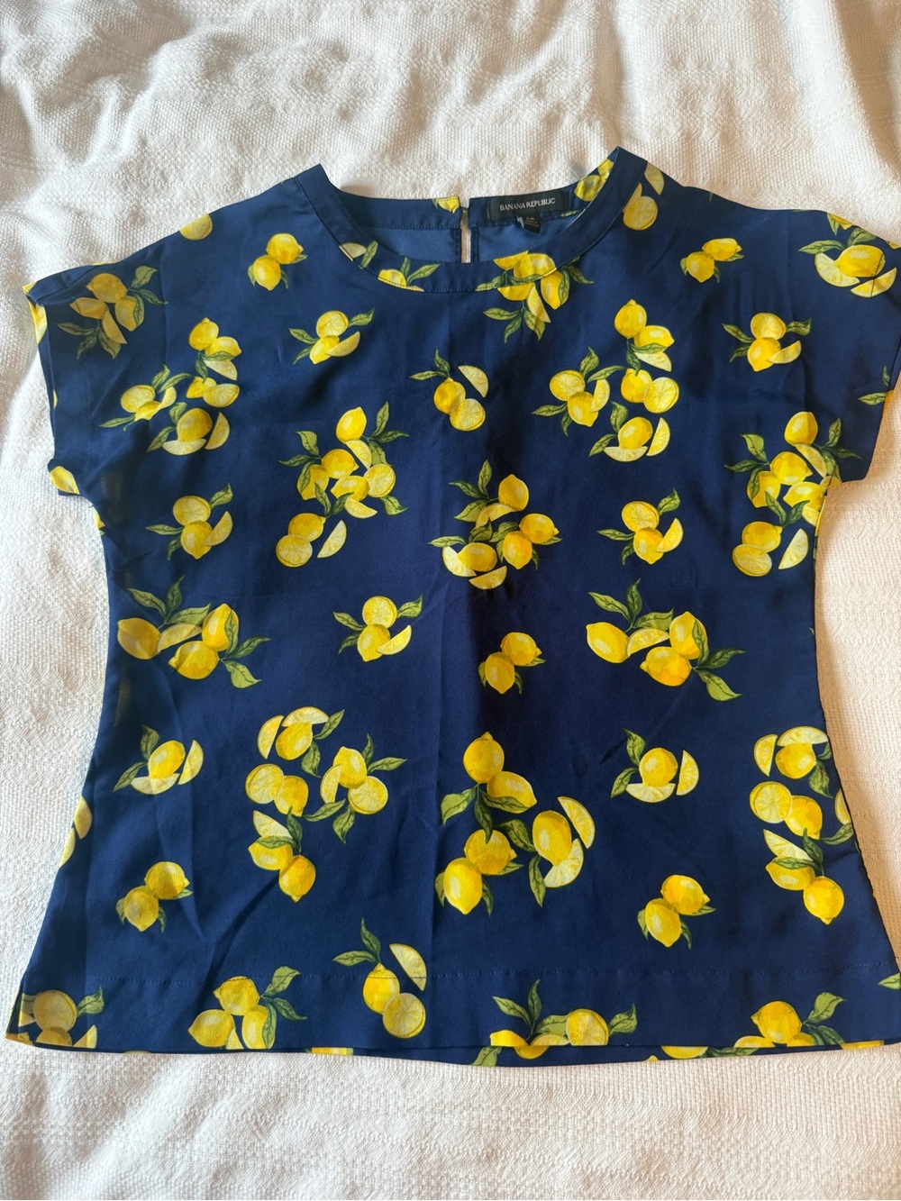 Banana Republic Navy Lemon Print Short Sleeve Blouse